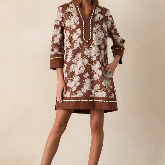 Red Dress Orchid's Whisper 100% Cotton Chocolate Floral Long Sleeve Mini Dress S - Picture 1 of 3
